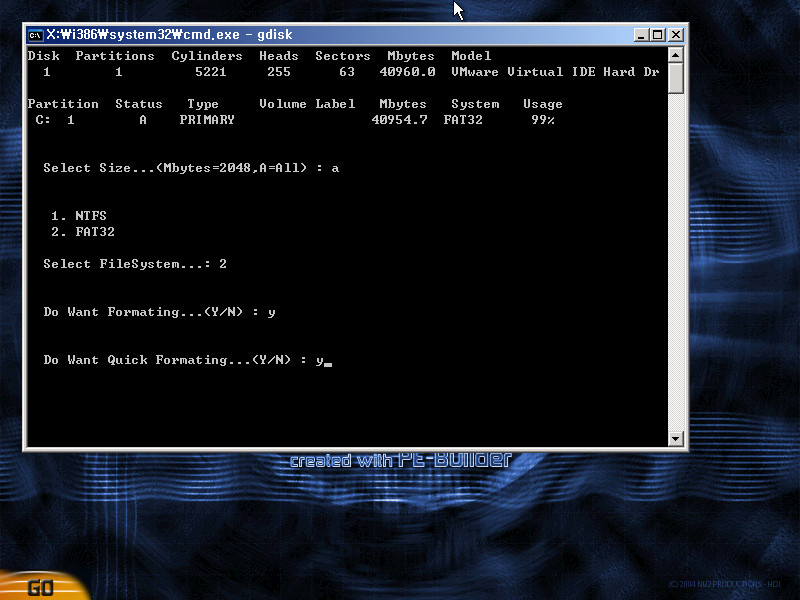 UltraISO로 BartPE.ISO 파일을 열어 gdisk 경로에 가서 gdisk.cmd 파일을 경로 선택 내보내기 하자.